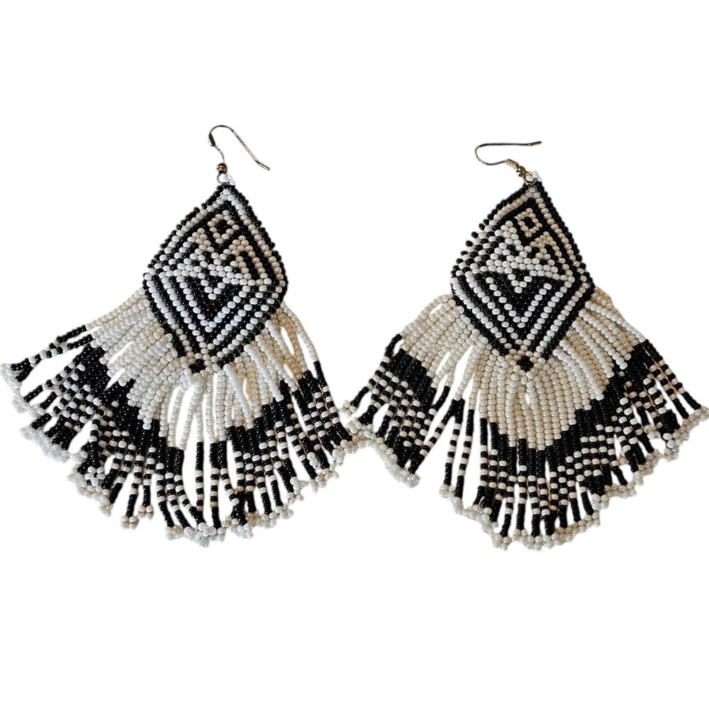 Seed Bead Tribal Fringed Earrings Black & White Diamond Shaped Boho Dangles
